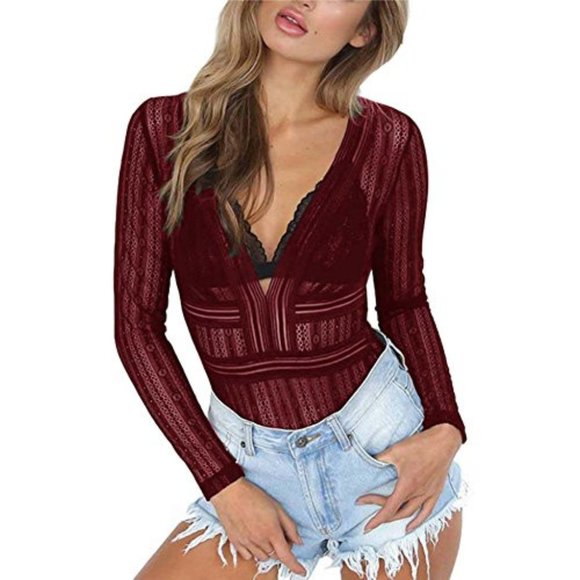 Burgundy Deep Plunge Lace  See Through Back Hollow Out Bodysuit, Medium - Picture 1 of 5